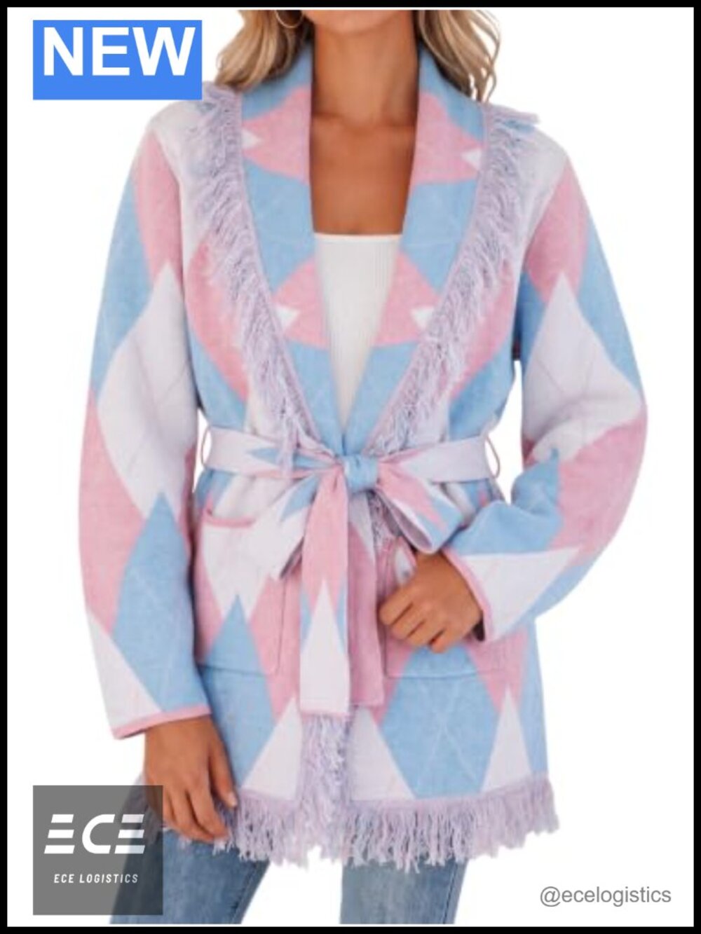 Open Front Fringe Argyle Shawl Cardigan Sweater with Belt